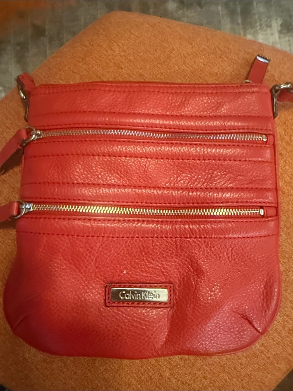 Calvin Klein Red Pebbled Leather Triple-Zip Crossbody